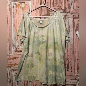 Fashion Bug Light Green and Pink Floral Short Sleeve Top